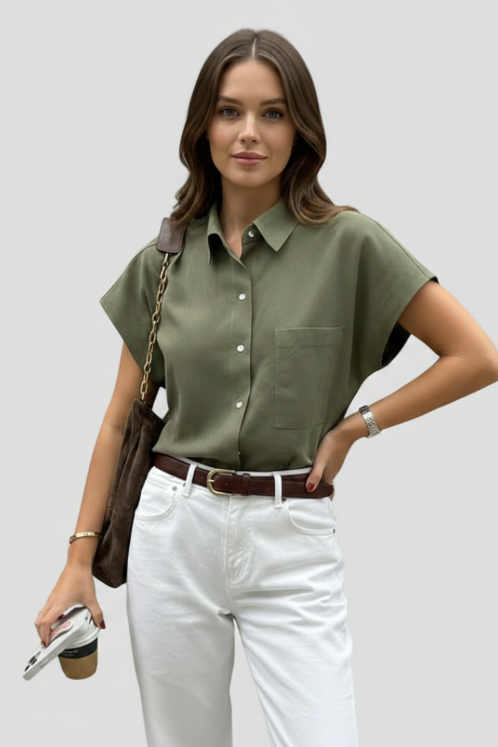 Alyssa | Women’s Button-Up Short Sleeve Shirt - Collared Top with Chest Pocket