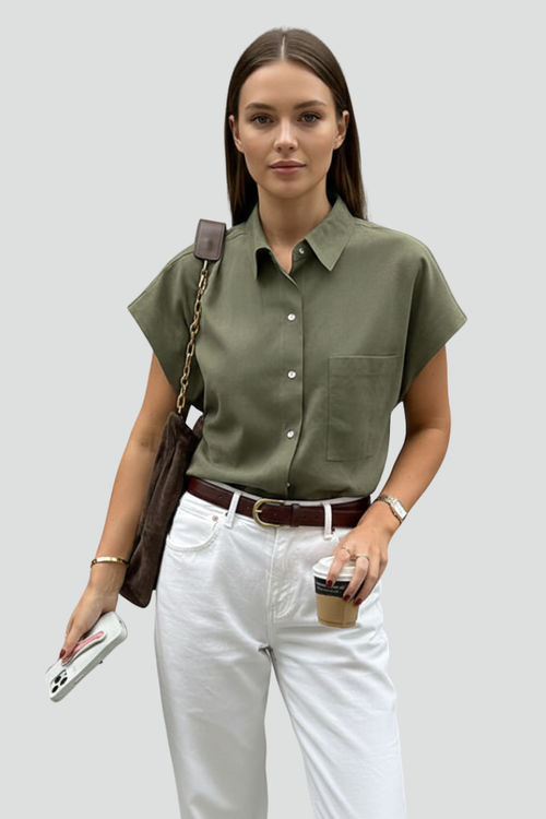 Alyssa | Women’s Button-Up Short Sleeve Shirt - Collared Top with Chest Pocket