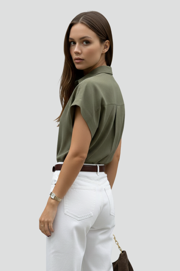 Alyssa | Women’s Button-Up Short Sleeve Shirt - Collared Top with Chest Pocket