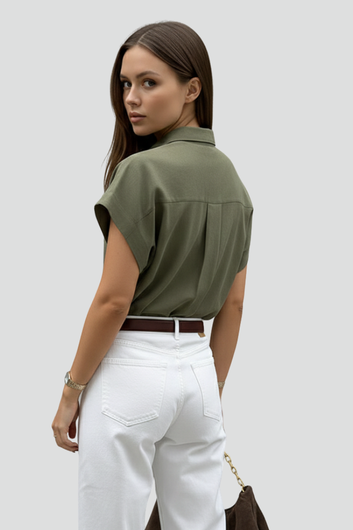 Alyssa | Women’s Button-Up Short Sleeve Shirt - Collared Top with Chest Pocket