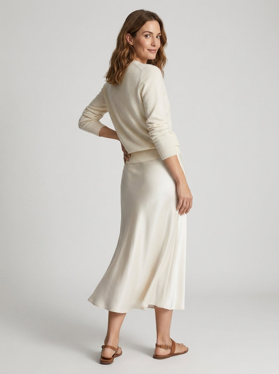 Amabel | Women’s High-Waisted Satin Midi Skirt – Draped Cut, Lined, Mid-Calf Length
