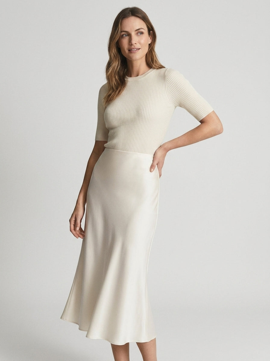 Amabel | Women’s High-Waisted Satin Midi Skirt – Draped Cut, Lined, Mid-Calf Length