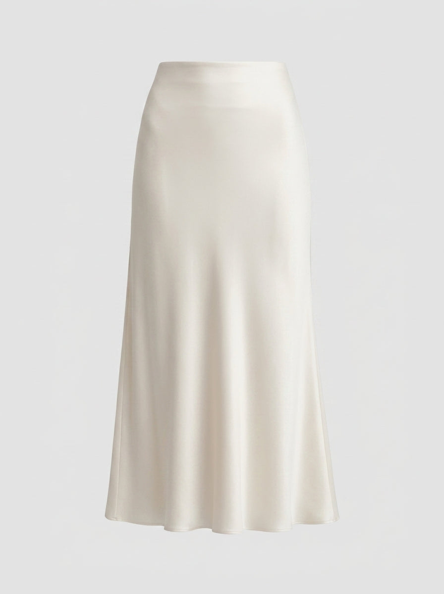Amabel | Women’s High-Waisted Satin Midi Skirt – Draped Cut, Lined, Mid-Calf Length