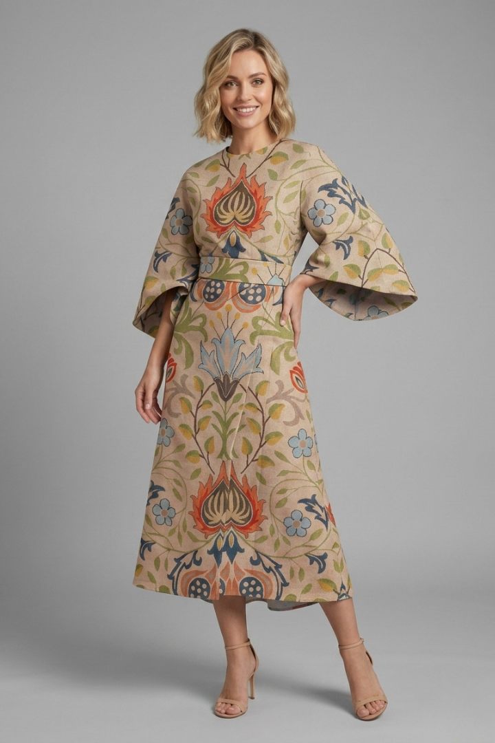 Amara | Women's Abstract Print Midi Dress – Textured Fabric Wide Sleeve Round Neck Dress