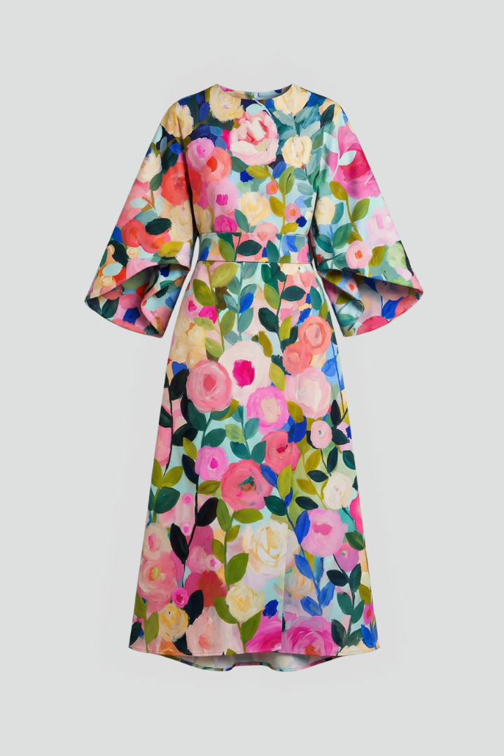 Amara | Women's Abstract Print Midi Dress – Textured Fabric Wide Sleeve Round Neck Dress