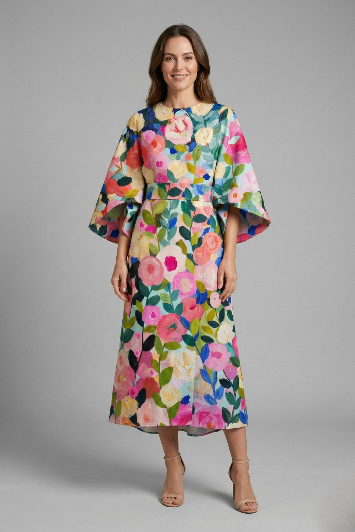 Amara | Women's Abstract Print Midi Dress – Textured Fabric Wide Sleeve Round Neck Dress