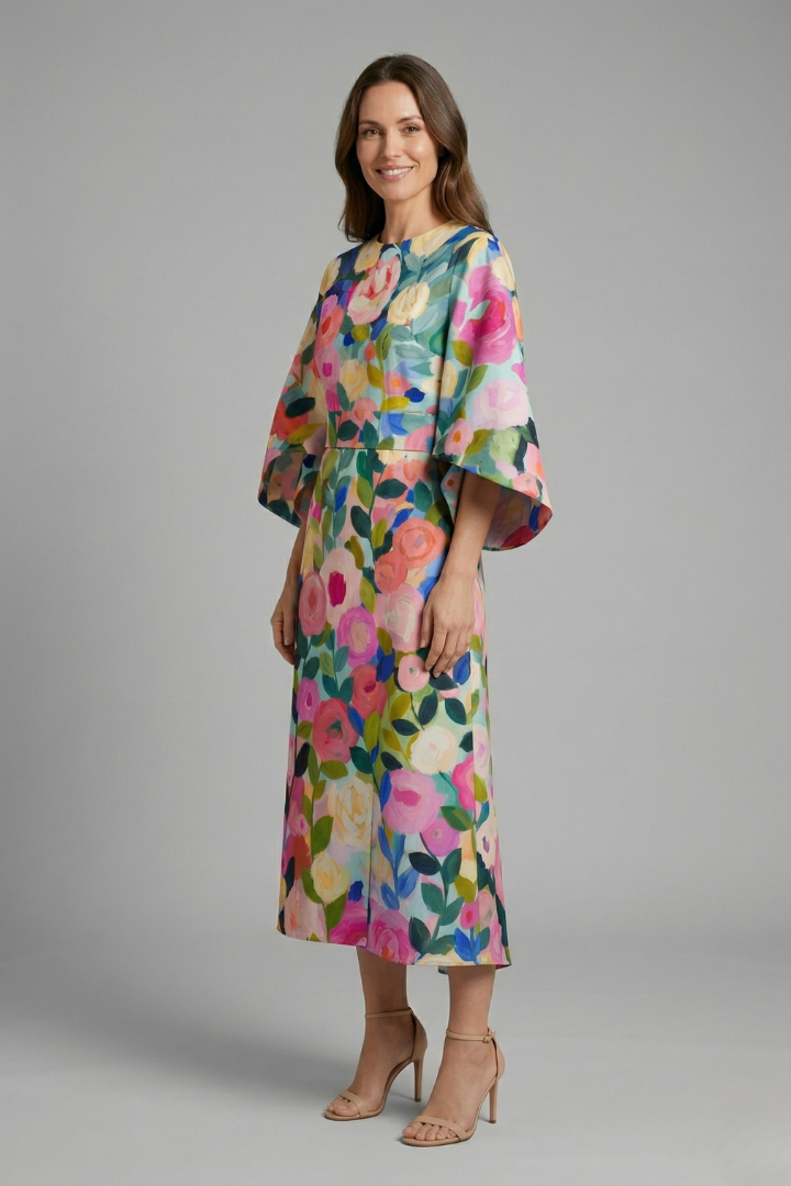 Amara | Women's Abstract Print Midi Dress – Textured Fabric Wide Sleeve Round Neck Dress