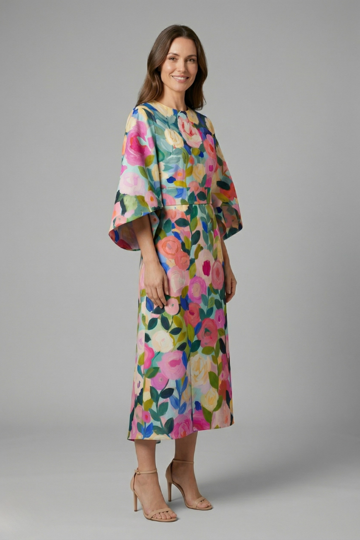 Amara | Women's Abstract Print Midi Dress – Textured Fabric Wide Sleeve Round Neck Dress
