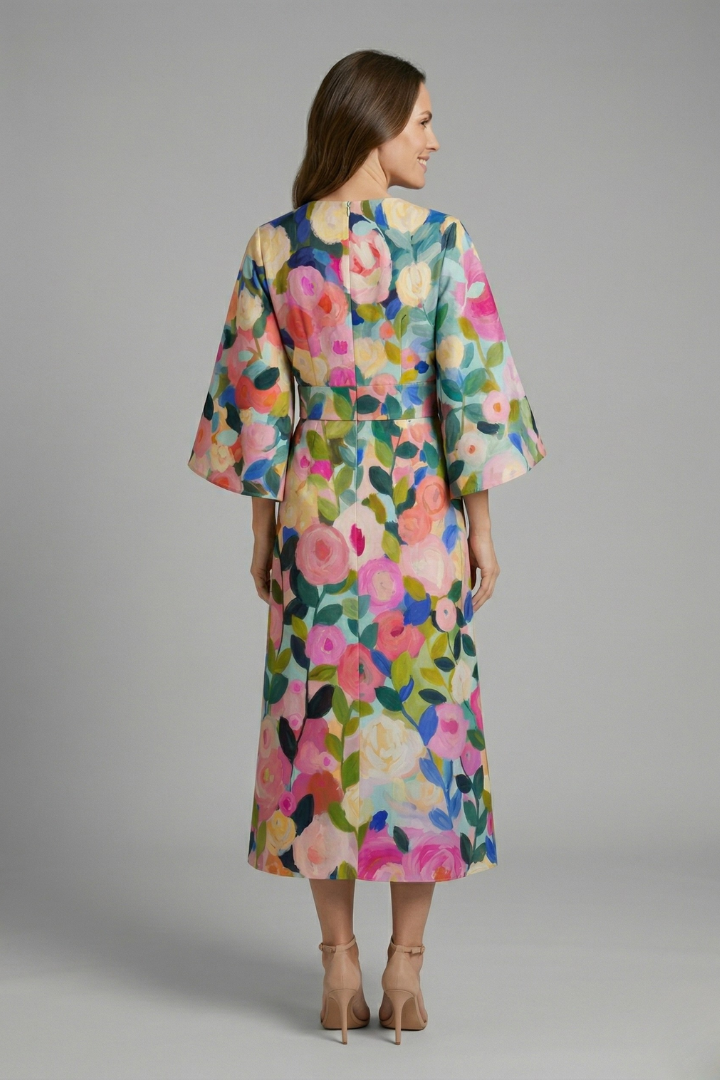 Amara | Women's Abstract Print Midi Dress – Textured Fabric Wide Sleeve Round Neck Dress