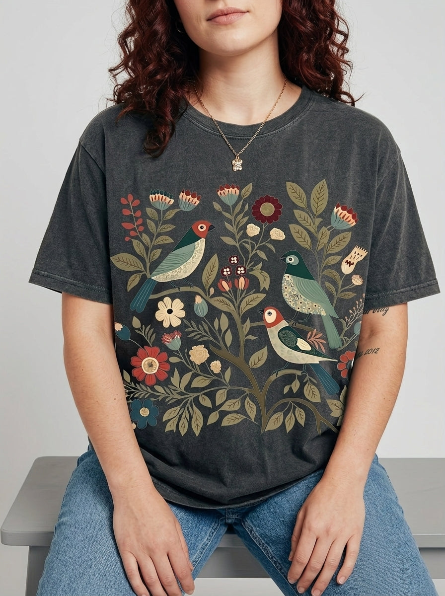Amaris | Women's Floral Print T-Shirt - Vintage Casual Loose Fit Short Sleeve Crew Neck Tee