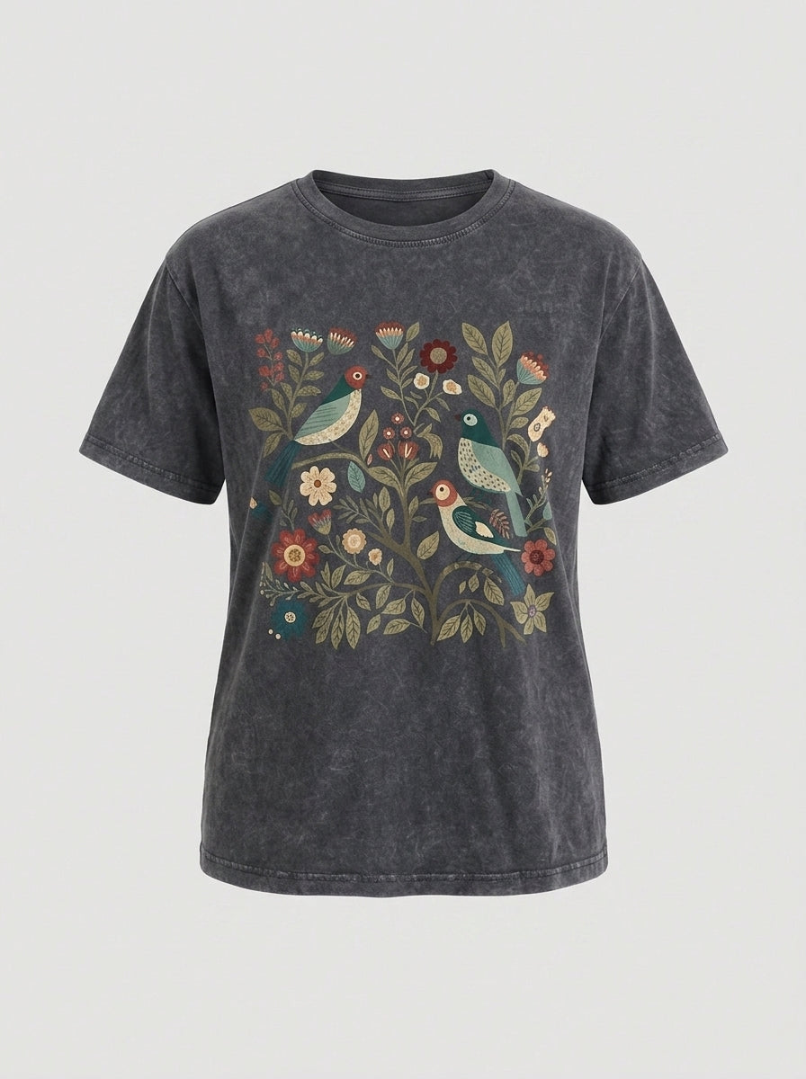 Amaris | Women's Floral Print T-Shirt - Vintage Casual Loose Fit Short Sleeve Crew Neck Tee