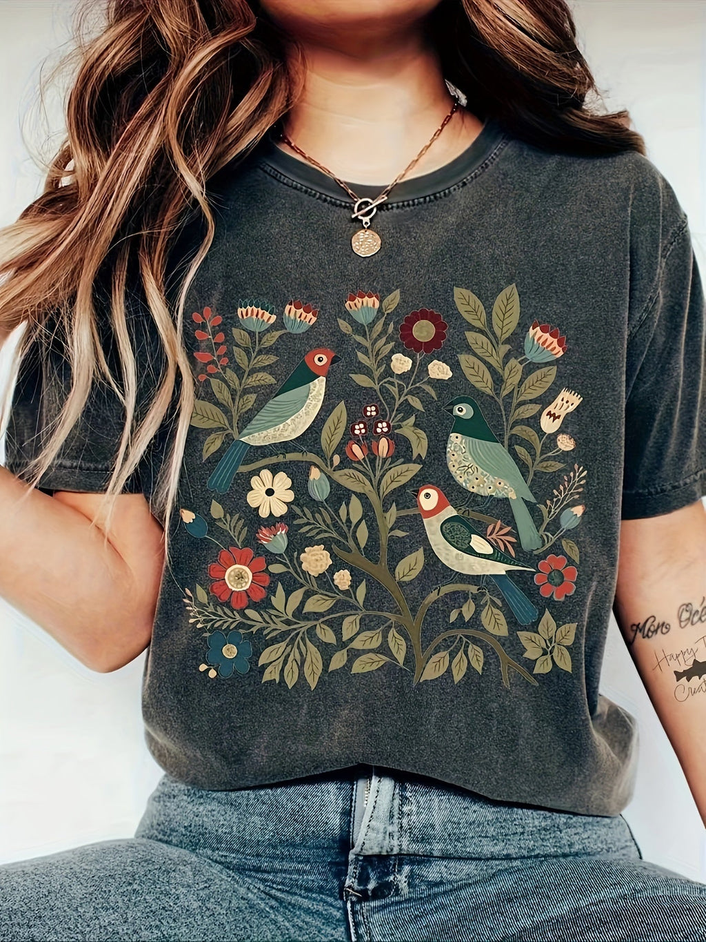 Amaris | Women's Floral Print T-Shirt - Vintage Casual Loose Fit Short Sleeve Crew Neck Tee