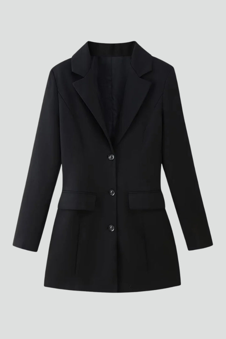 Amavella | Women’s Longline Blazer with Notched Lapel and Button-Front Closure