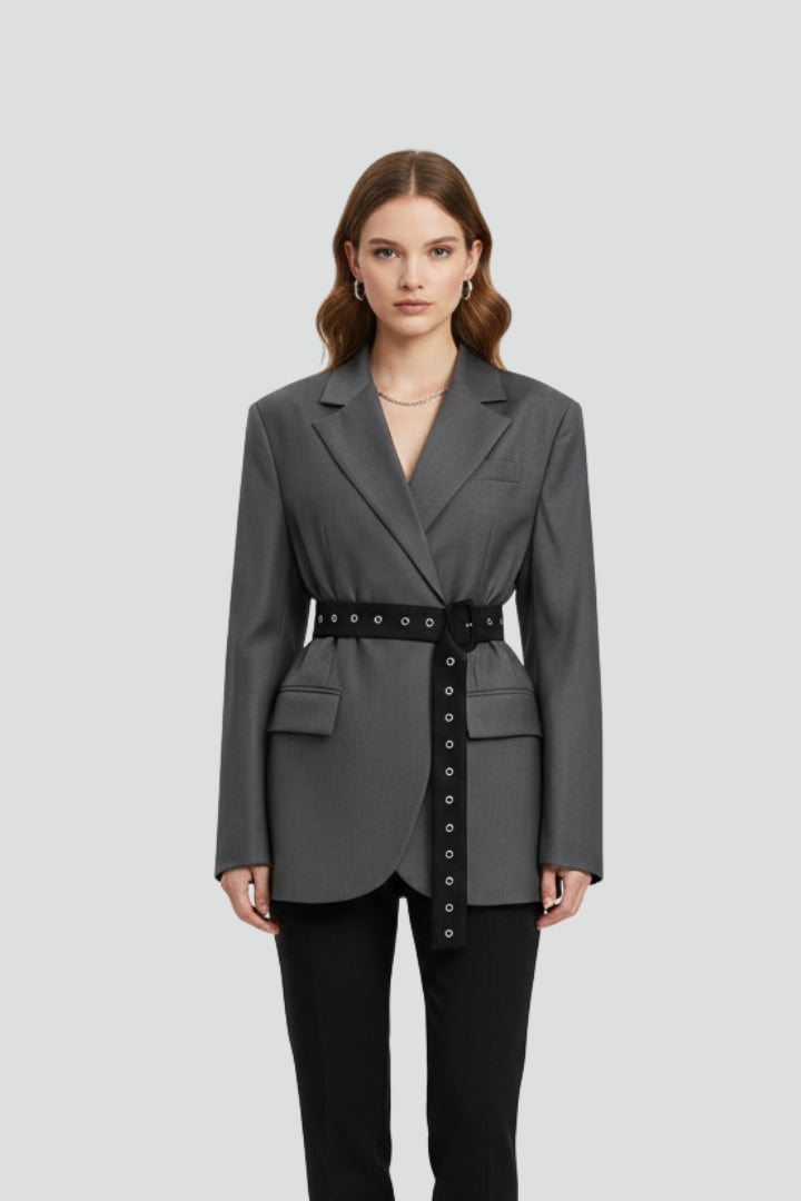 Amelie | Women's Belted Blazer – Notched Lapel Button Front Long Sleeve Jacket