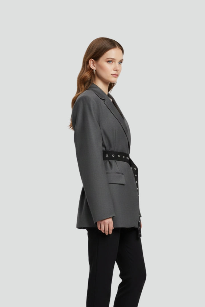 Amelie | Women's Belted Blazer – Notched Lapel Button Front Long Sleeve Jacket