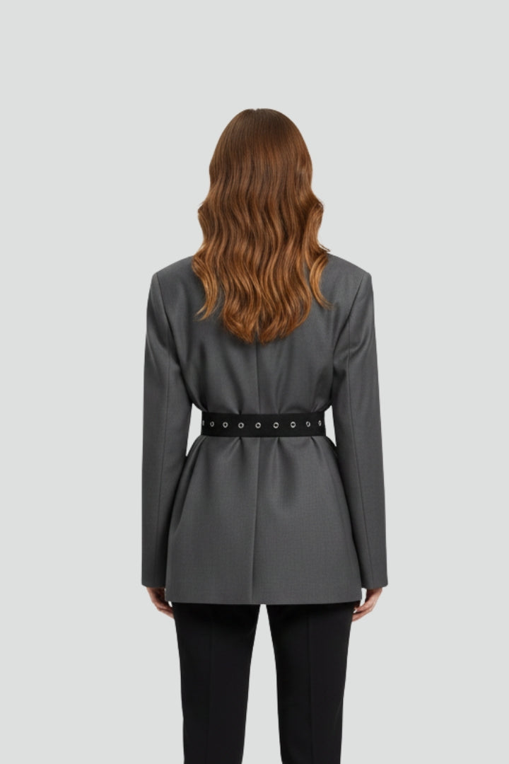 Amelie | Women's Belted Blazer – Notched Lapel Button Front Long Sleeve Jacket