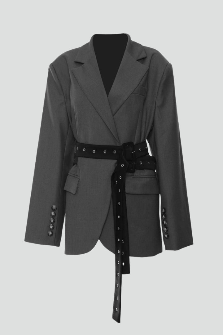 Amelie | Women's Belted Blazer – Notched Lapel Button Front Long Sleeve Jacket