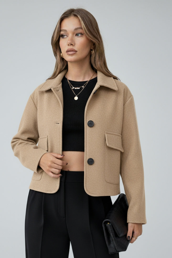 Amelise | Women's Short Faux Suede Jacket – Utility Shirt Collar Button-Up Coat