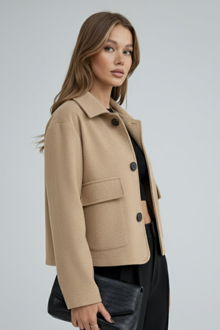 Amelise | Women's Short Faux Suede Jacket – Utility Shirt Collar Button-Up Coat