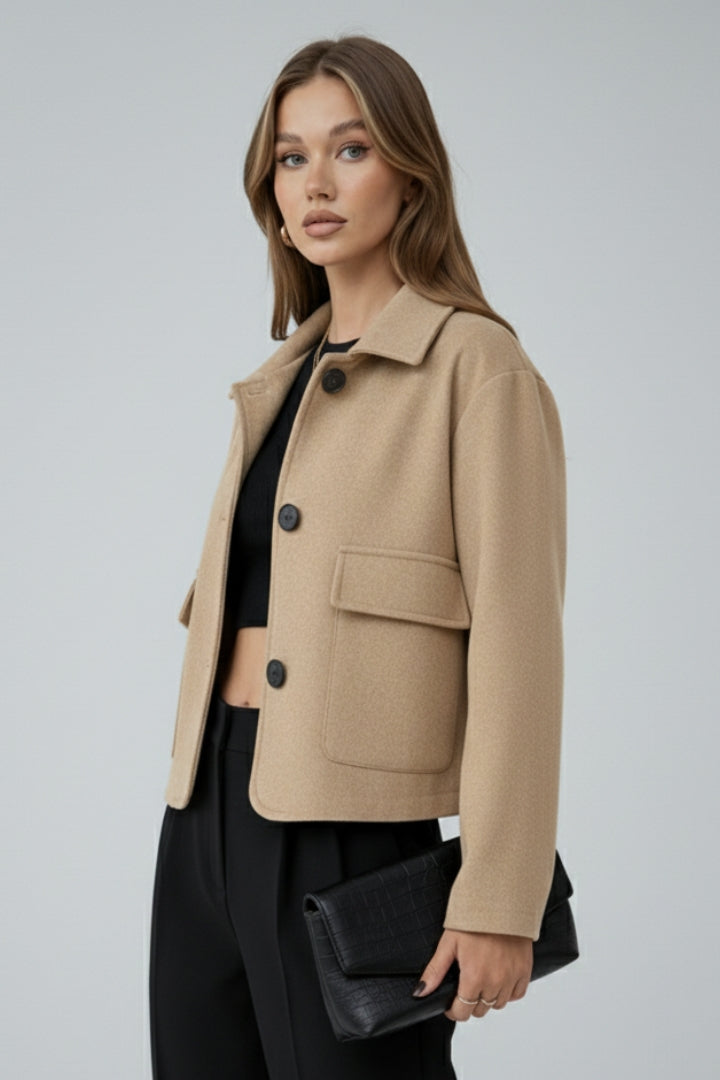 Amelise | Women's Short Faux Suede Jacket – Utility Shirt Collar Button-Up Coat