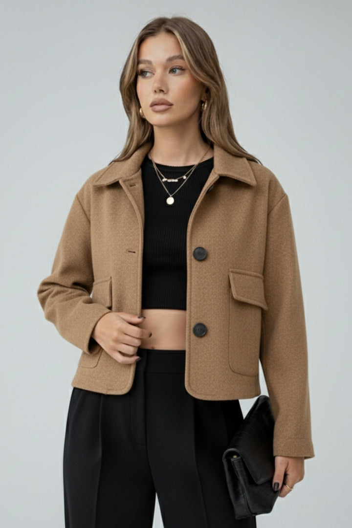 Amelise | Women's Short Faux Suede Jacket – Utility Shirt Collar Button-Up Coat