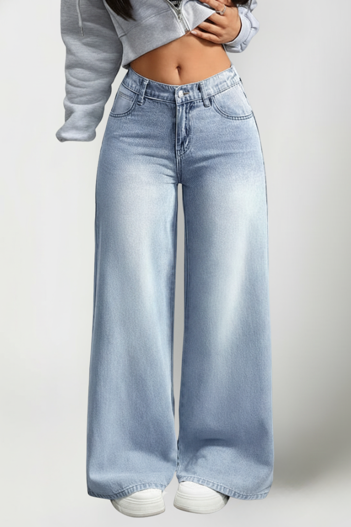 Amia | Women’s Wide-Leg Denim Pants – Mid-Rise Relaxed Fit Button Closure Jeans