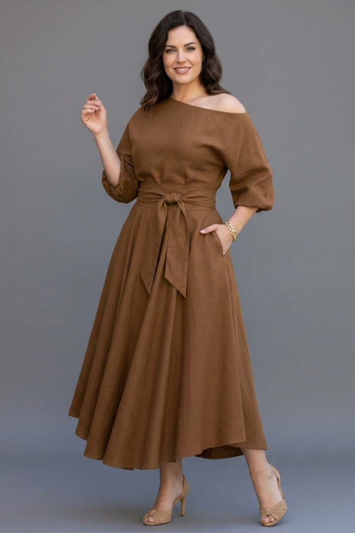 Amity | Women's Elegant Midi Dress with Off-Shoulder Neckline, Long Lantern Sleeves