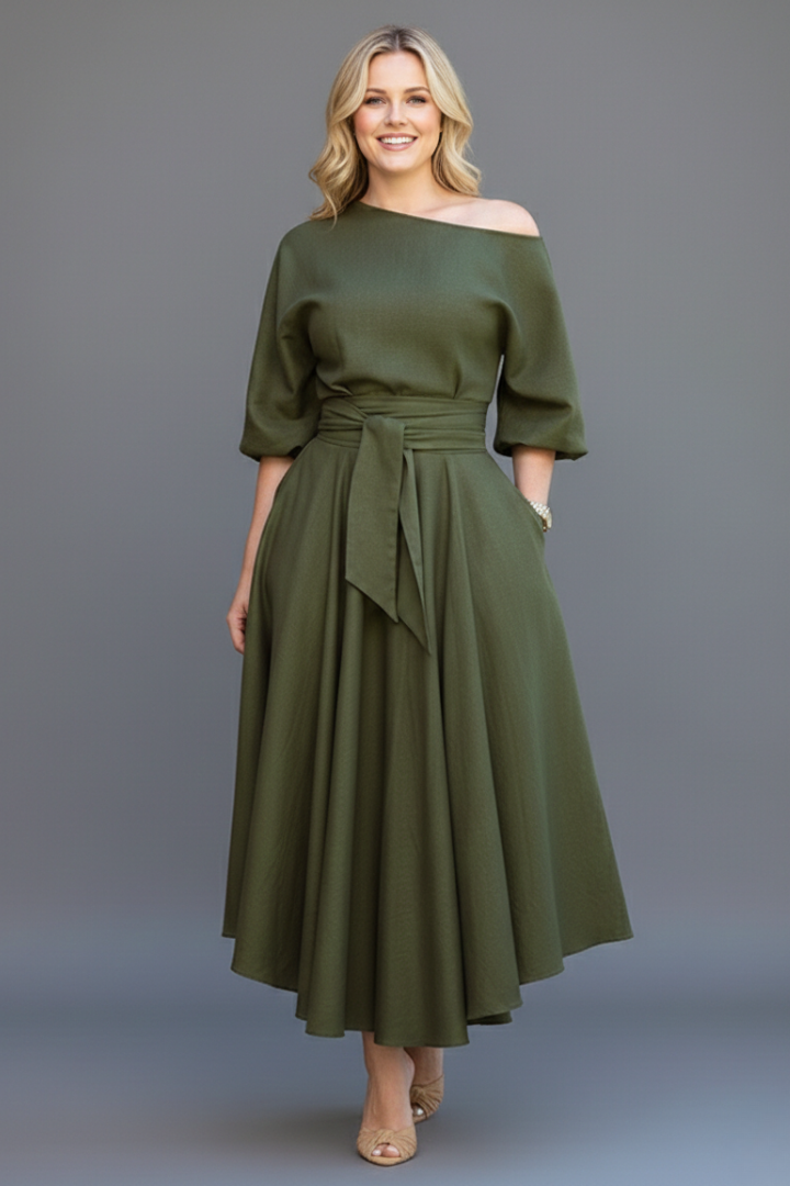 Amity | Women's Elegant Midi Dress with Off-Shoulder Neckline, Long Lantern Sleeves