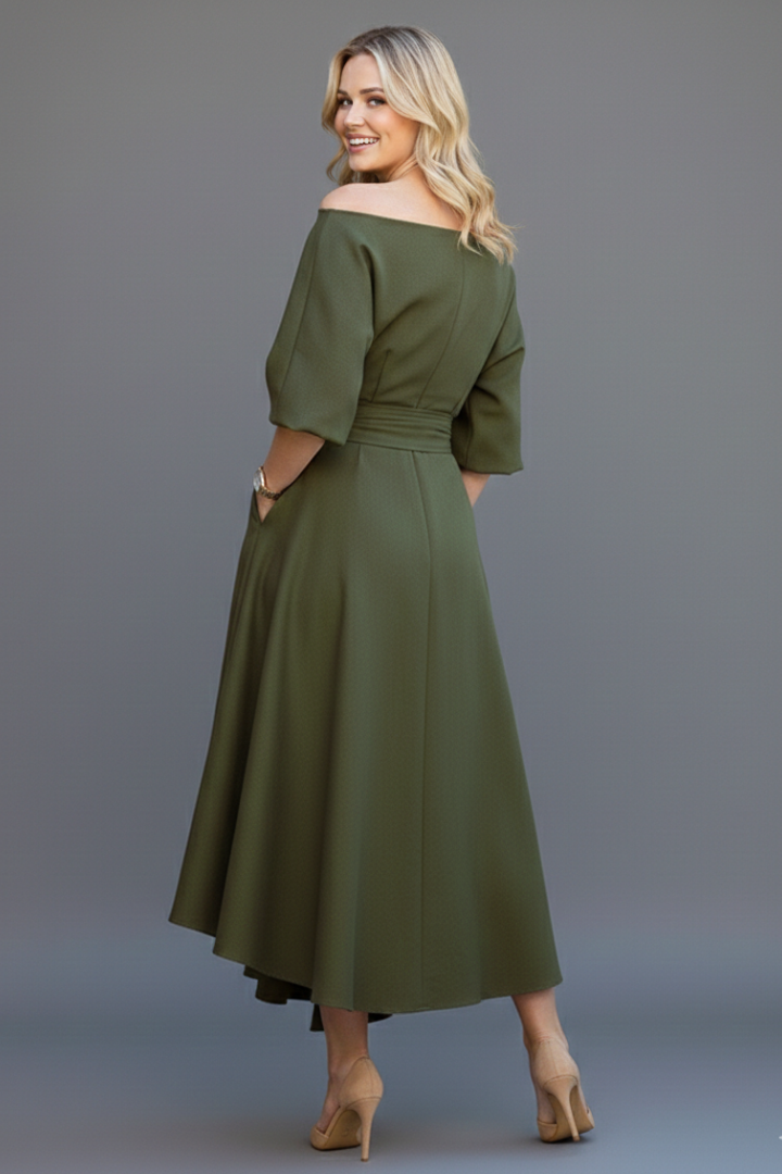 Amity | Women's Elegant Midi Dress with Off-Shoulder Neckline, Long Lantern Sleeves