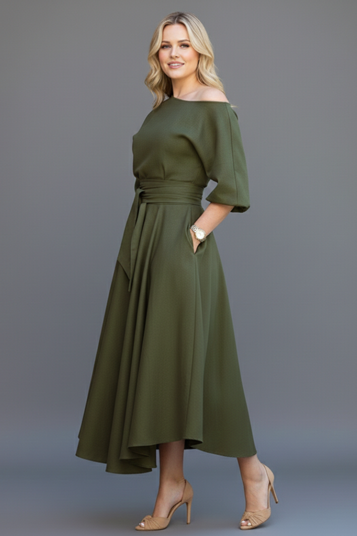 Amity | Women's Elegant Midi Dress with Off-Shoulder Neckline, Long Lantern Sleeves