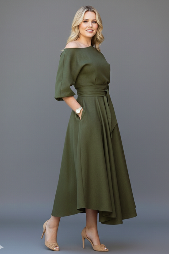 Amity | Women's Elegant Midi Dress with Off-Shoulder Neckline, Long Lantern Sleeves