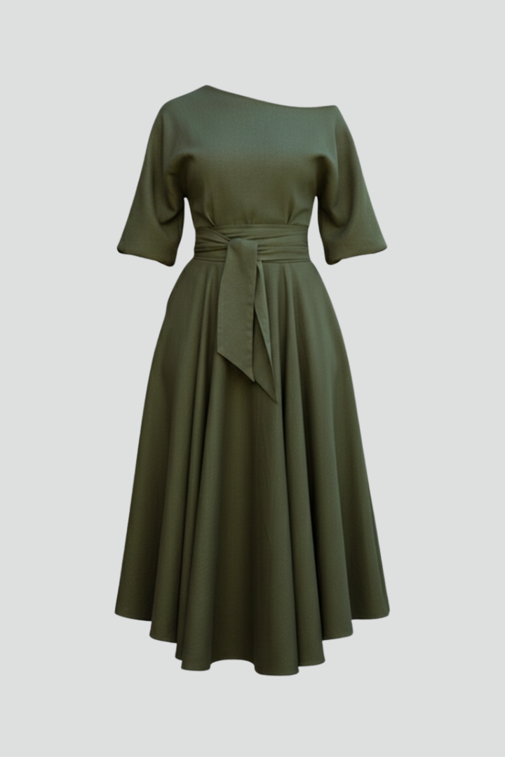 Amity | Women's Elegant Midi Dress with Off-Shoulder Neckline, Long Lantern Sleeves