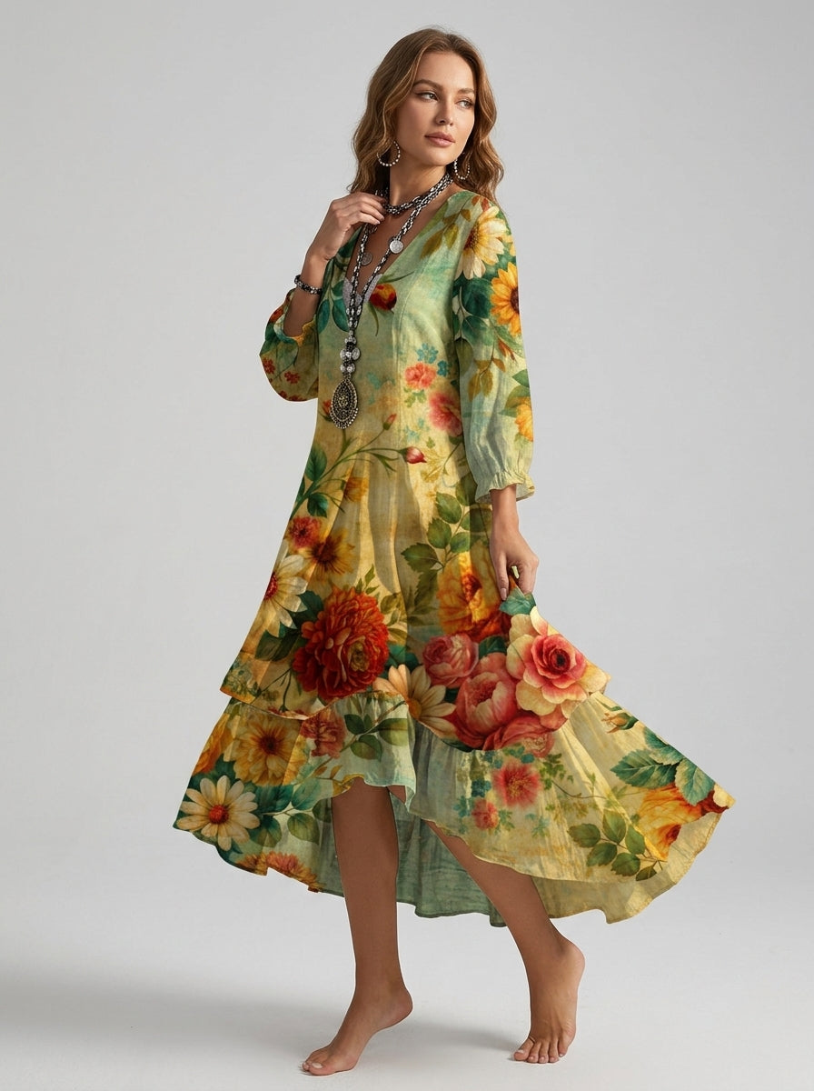 Angelica | Women’s Boho Midi Dress – V-Neck, Vintage Print, Loose Flowy Fit