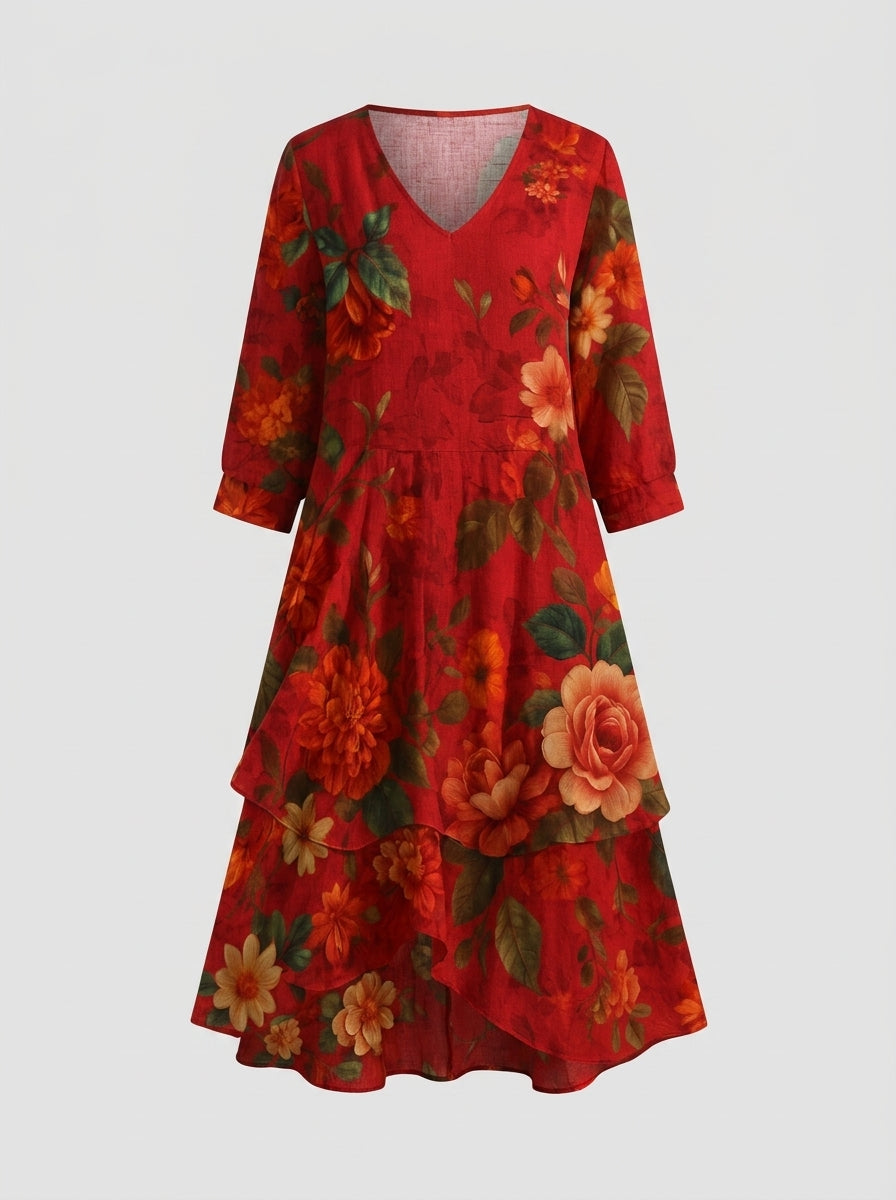 Angelica | Women’s Boho Midi Dress – V-Neck, Vintage Print, Loose Flowy Fit