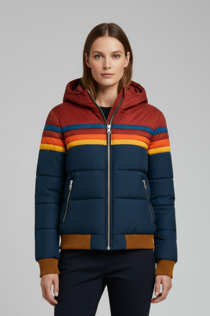 Anouk | Women’s Hooded Puffer Jacket – Quilted Zip-Up Coat with Striped Design