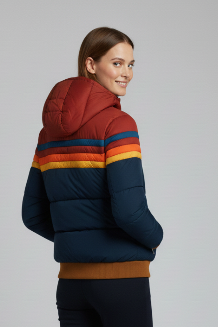 Anouk | Women’s Hooded Puffer Jacket – Quilted Zip-Up Coat with Striped Design
