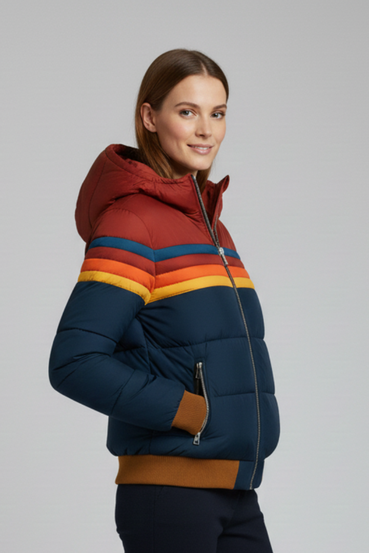 Anouk | Women’s Hooded Puffer Jacket – Quilted Zip-Up Coat with Striped Design