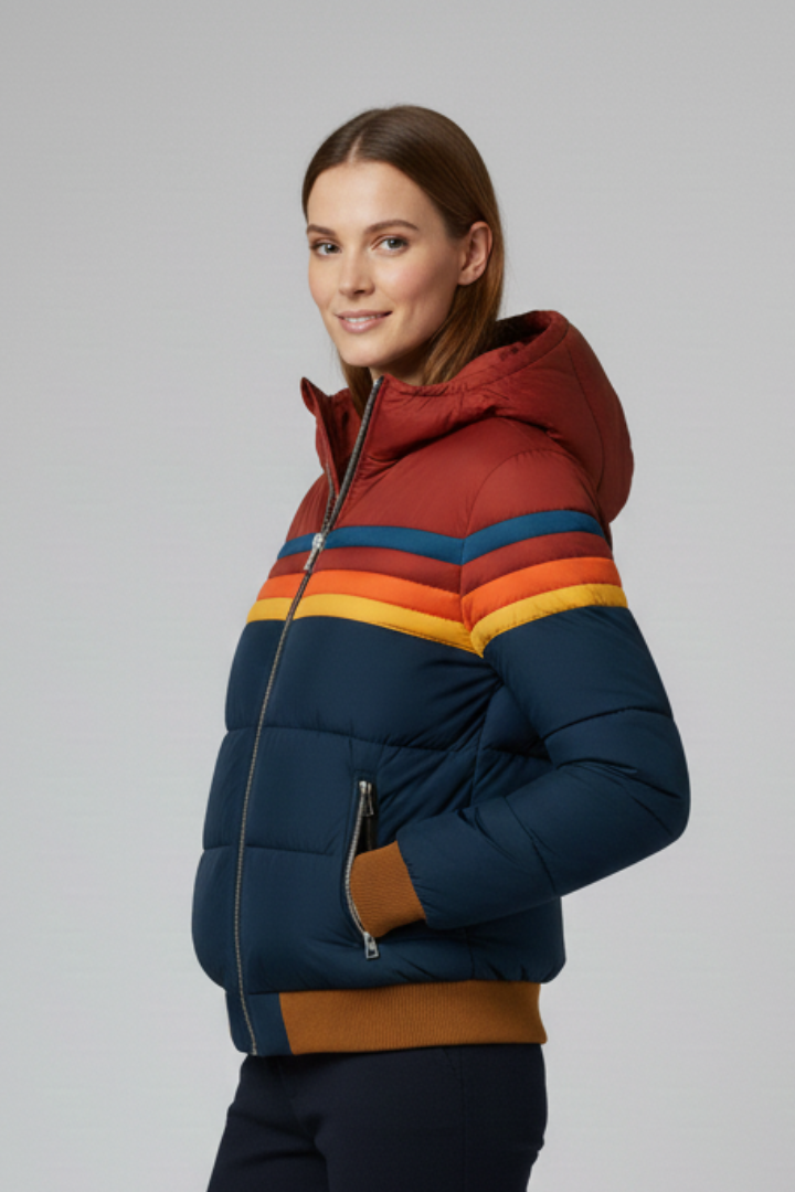 Anouk | Women’s Hooded Puffer Jacket – Quilted Zip-Up Coat with Striped Design
