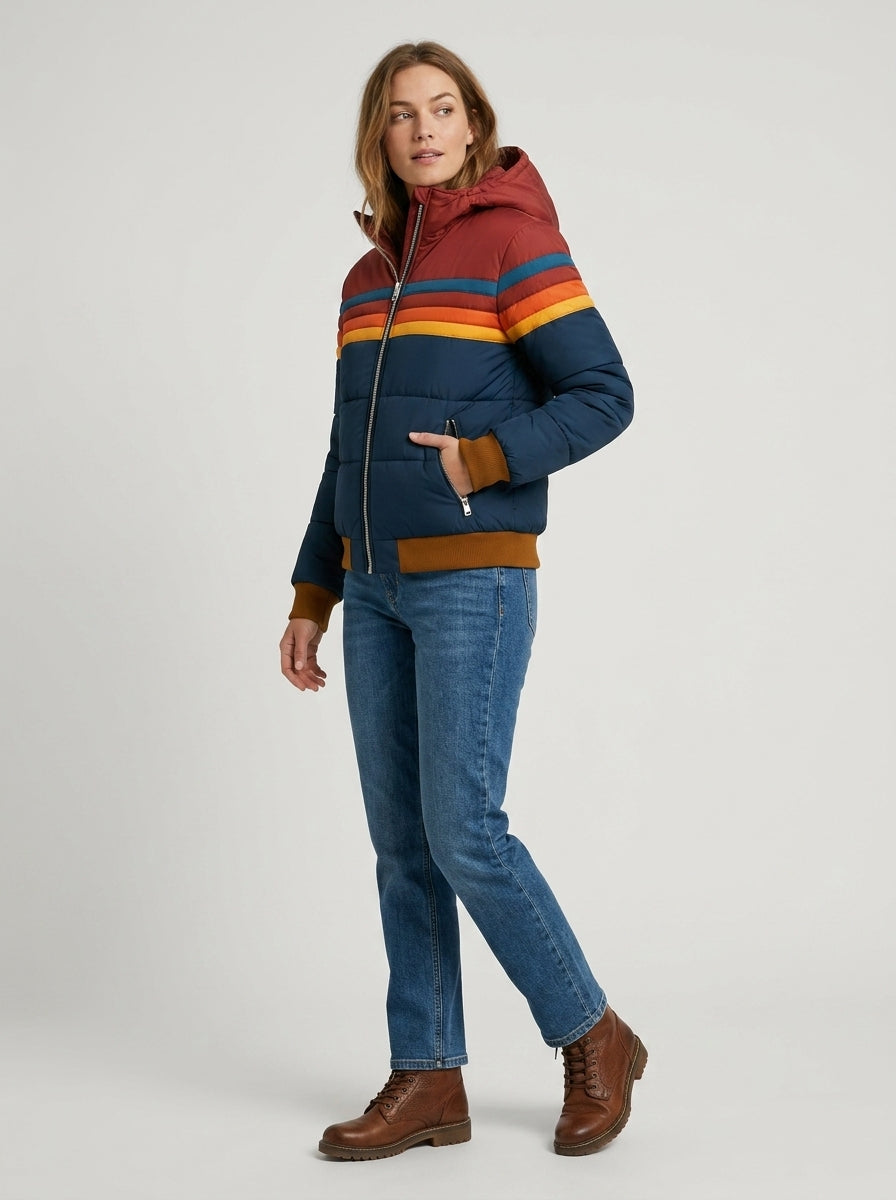 Anouk | Women’s Hooded Puffer Jacket – Quilted Zip-Up Coat with Striped Design