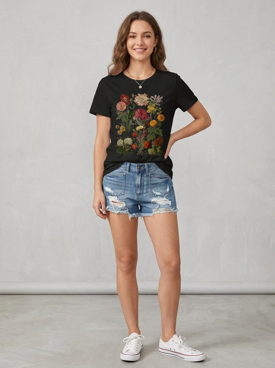 Ansley | Women's Vintage Flower Print Tee - Soft Breathable Crew Neck Casual T-Shirt