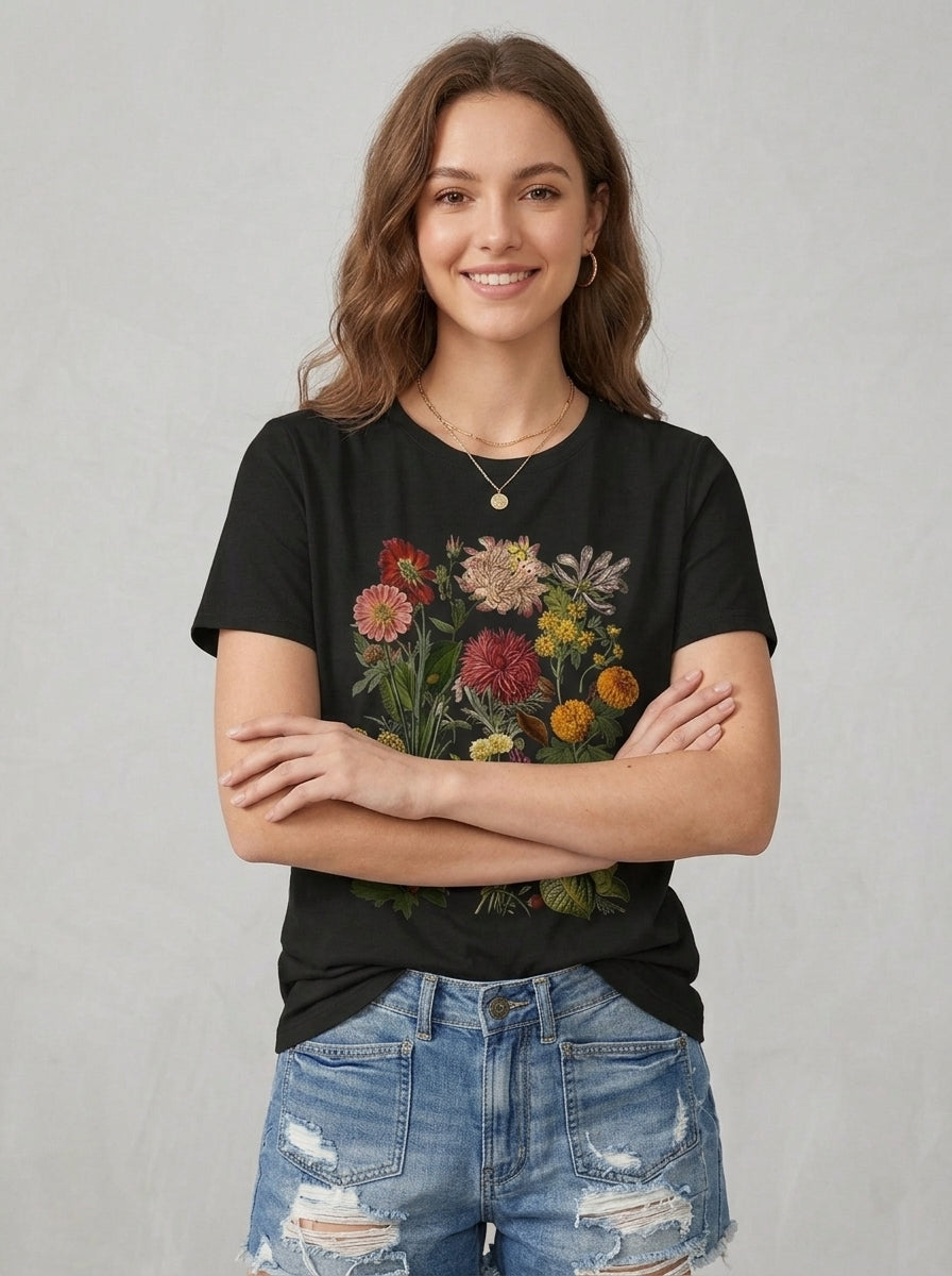 Ansley | Women's Vintage Flower Print Tee - Soft Breathable Crew Neck Casual T-Shirt