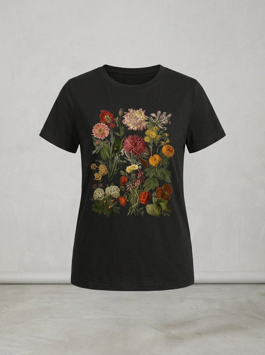 Ansley | Women's Vintage Flower Print Tee - Soft Breathable Crew Neck Casual T-Shirt