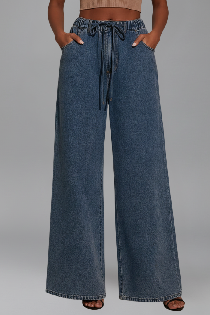 Anya | Women’s Relaxed Fit Wide-Leg Pants – Drawstring Waist Long Trousers with Pockets