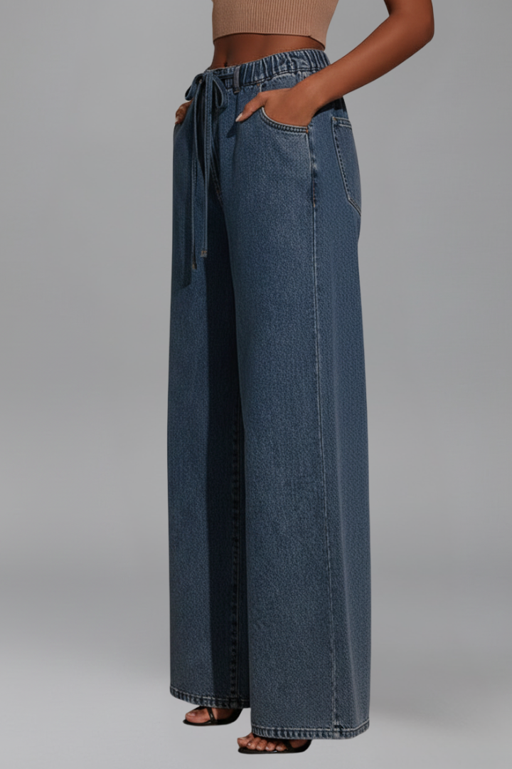 Anya | Women’s Relaxed Fit Wide-Leg Pants – Drawstring Waist Long Trousers with Pockets