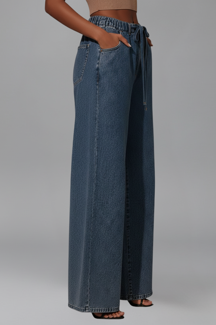 Anya | Women’s Relaxed Fit Wide-Leg Pants – Drawstring Waist Long Trousers with Pockets