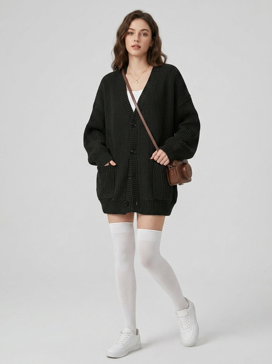 Aramelle | Women's Ribbed V-Neck Cardigan, Button-Front Sweater with Patch Pockets