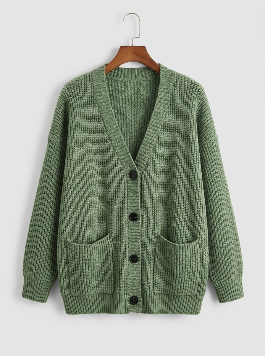 Aramelle | Women's Ribbed V-Neck Cardigan, Button-Front Sweater with Patch Pockets