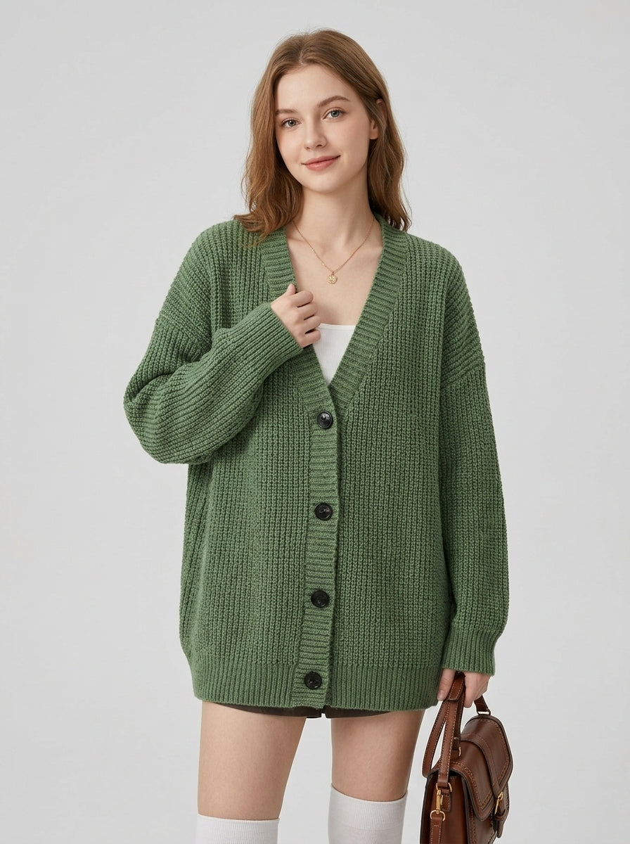Aramelle | Women's Ribbed V-Neck Cardigan, Button-Front Sweater with Patch Pockets