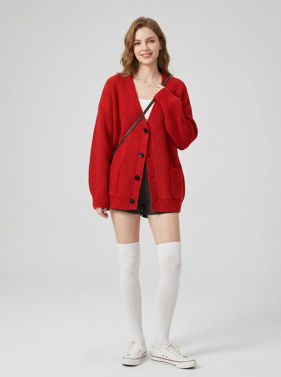 Aramelle | Women's Ribbed V-Neck Cardigan, Button-Front Sweater with Patch Pockets