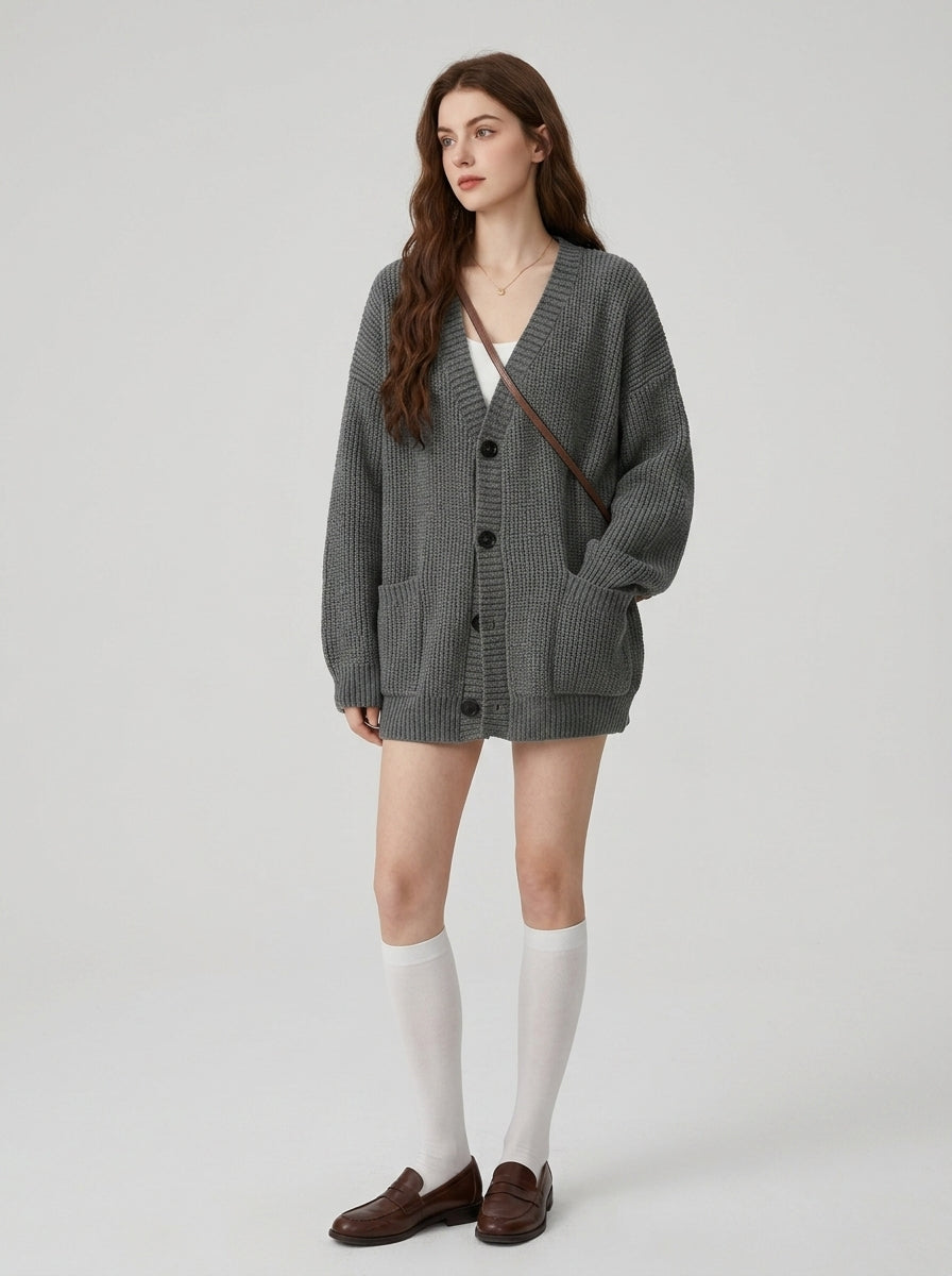 Aramelle | Women's Ribbed V-Neck Cardigan, Button-Front Sweater with Patch Pockets